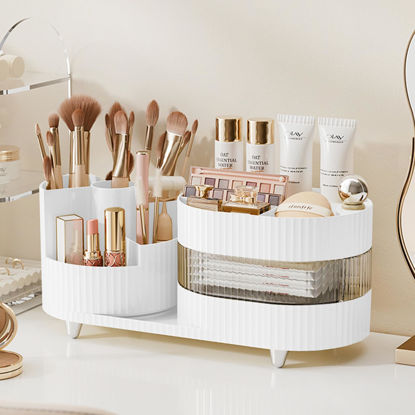 Picture of Rotating Makeup Organizer for Vanity with Brush Holder and Drawer, 3 Layer Cosmetic Makeup Storage, Large Makeup Skincare Organizer, Countertop Makeup Perfume Organizer, Lotions Display Case (White)