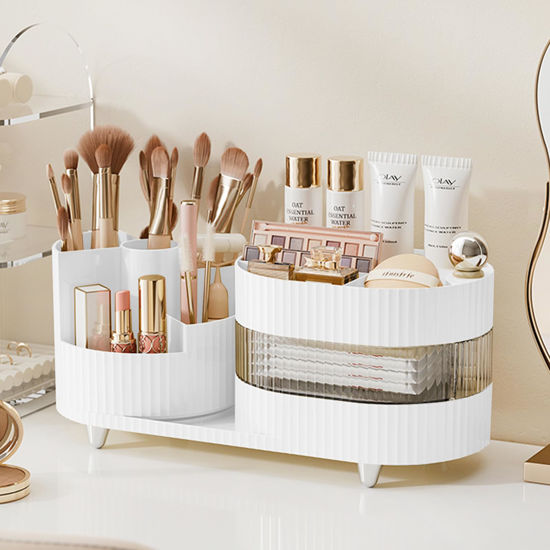 Picture of Rotating Makeup Organizer for Vanity with Brush Holder and Drawer, 3 Layer Cosmetic Makeup Storage, Large Makeup Skincare Organizer, Countertop Makeup Perfume Organizer, Lotions Display Case (White)
