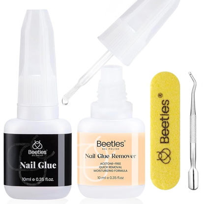 Picture of Beetles Nail Glue with Glue Remover Kit, 2 * 10ML Super Strong Nail Glue for Acrylic Press on Nails, Nail Glue Remover Easy to Remove Glue Off Fake Nails Nail Adhesive Remover with Cuticle Pusher