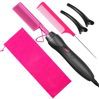 Picture of Hot Comb Hair Straightener Heat Pressing Combs - Ceramic Electric Hair Straightening Comb for Natural Black Hair Beard Wigs Holiday Gift- Pink