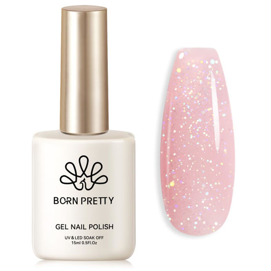 Picture of Born Pretty Jelly Gel Nail Polish Jelly Glitter Pink Gel Polish Holographic Shimmer Pink Natural Translucent Soak Off Hema-Free Gel Polish Nail Art DIY 15ML