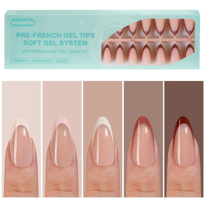 Picture of 150Pcs French Gel Nail Tips Almond, Vansiho Medium Nail Tips, Pre-French Tips Press on Nails, Acrylic Fake Nails for Nail Art DIY 15 Sizes