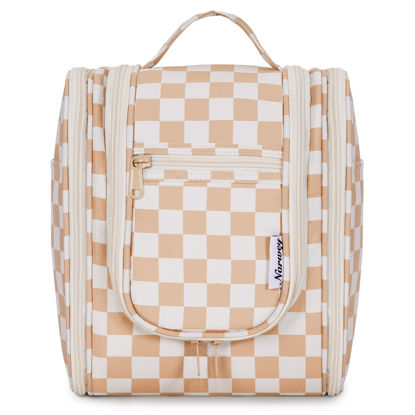 Picture of Narwey Small Hanging Toiletry Bag Women Travel Makeup Bag Organizer Toiletries Bag for Travel Size Essentials Accessories Cosmetics (Medium, Light Checkerboard-1)