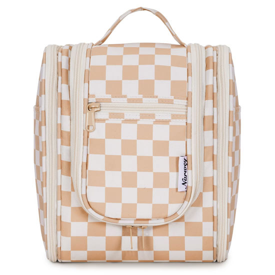 Picture of Narwey Small Hanging Toiletry Bag Women Travel Makeup Bag Organizer Toiletries Bag for Travel Size Essentials Accessories Cosmetics (Medium, Light Checkerboard-1)