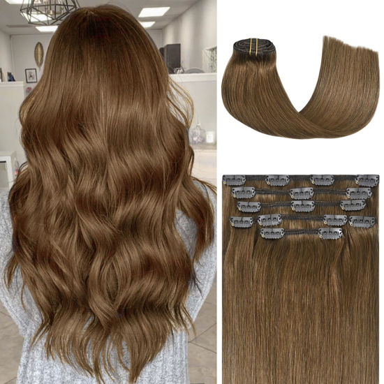 Picture of Honsoo Chestnut Brown Remy Clip In Hair Extensions Real Human Hair 18inch 70g 7pcs Sliky & Soft Clip ins