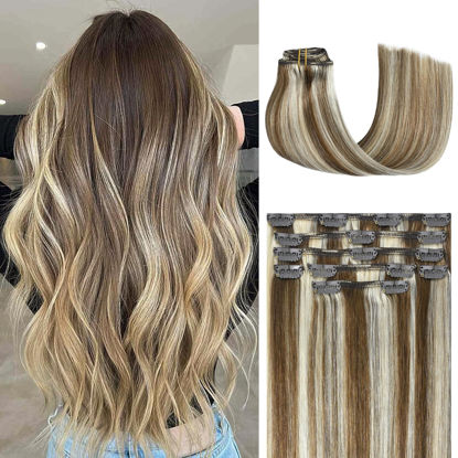 Picture of Honsoo Real Human Hair Extensions Clip Ins Light Brown to Blonde Highlights Balayage Hair 70g 15inch Real Hair Extensions 7pcs Natural Soft Straight Double Weft Blonde Brown Hair