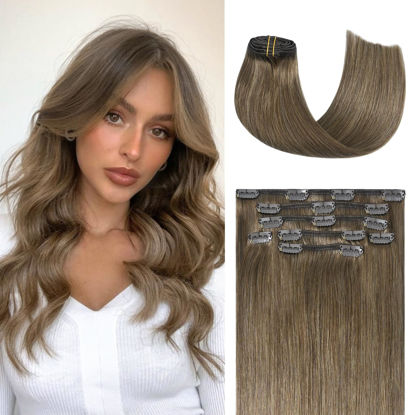 Picture of Honsoo Hair Extensions Real Human Hair Ash Brown Clip in Hair Extensions Real Human Hair 70g 7pcs 22Inch Straight Clip in Human Hair Extensions Soft Natural No Shedding No Tangles
