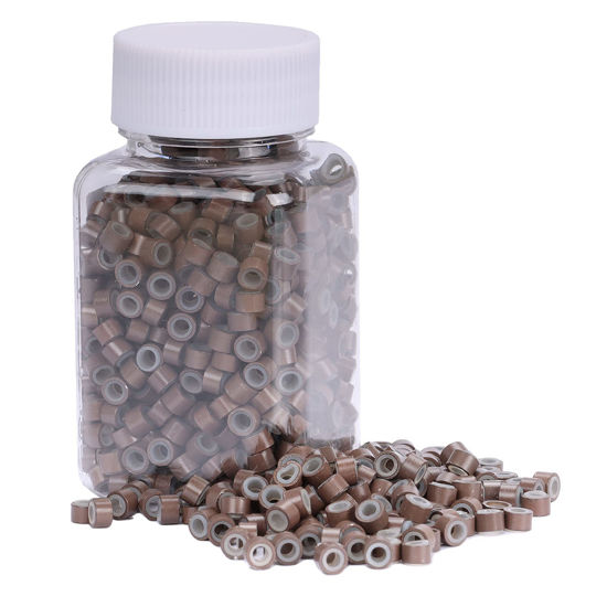 Picture of NIACONN 1000Pcs MicroLink Beads for Hair Extensions, 5mm Silicone Lined Beads Microlink Rings Hair Extensions Tool-Brown