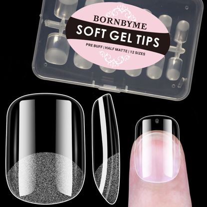 Picture of BORNBYME Short Square Soft Gel Nail Tips,120PCS Pre Buff Full Cover Shaped Nail Extenison Tips Half Matte Gel X Nail Tips Acrylic False Nail Tips