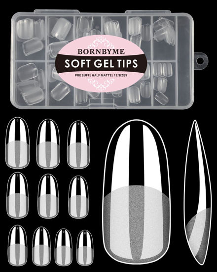 Picture of Medium Round Nail Tips,120PCS Pre Almond Round Buff Full Cover Shaped Nail Extenison Tips Half Matte Gel X Nail Tips Acrylic False Nail Tips