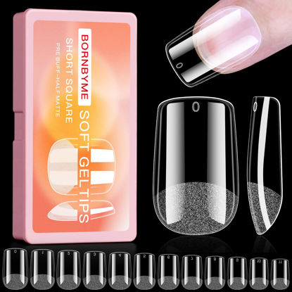 Picture of Short Square Soft Gel Nail Tips, BORNBYME 600 PCS Pre Buff Full Cover Shaped Nail Extenison Tips Half Matte Gel X Nail Tips Acrylic False Nail Tips