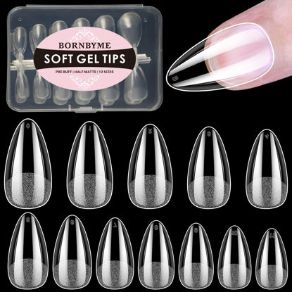 Picture of BORNBYME Short Almond Soft Gel Nail Tips, 120PCS Pre Buff Full Cover Shaped Nail Extenison Tips Half Matte Gel X Nail Tips Acrylic False Nail Tips