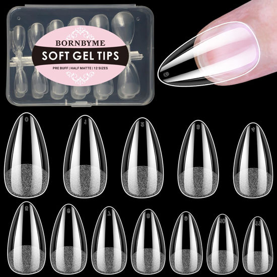 Picture of BORNBYME Short Almond Soft Gel Nail Tips, 120PCS Pre Buff Full Cover Shaped Nail Extenison Tips Half Matte Gel X Nail Tips Acrylic False Nail Tips