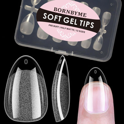Picture of BORNBYME Extra Short Almond Soft Gel Nail Tips,120PCS Pre Buff Full Cover Shaped Nail Extenison Tips Half Matte Gel X Nail Tips Acrylic False Nail Tips