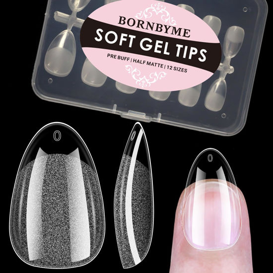 Picture of BORNBYME Extra Short Almond Soft Gel Nail Tips,120PCS Pre Buff Full Cover Shaped Nail Extenison Tips Half Matte Gel X Nail Tips Acrylic False Nail Tips
