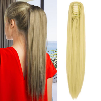 Picture of OMGREAT Claw Ponytail Hair Extension One Piece Cute Clip in on Ponytail Claw Synthetic Straight Curly Hairpieces 21" Straight Bleach Blonde