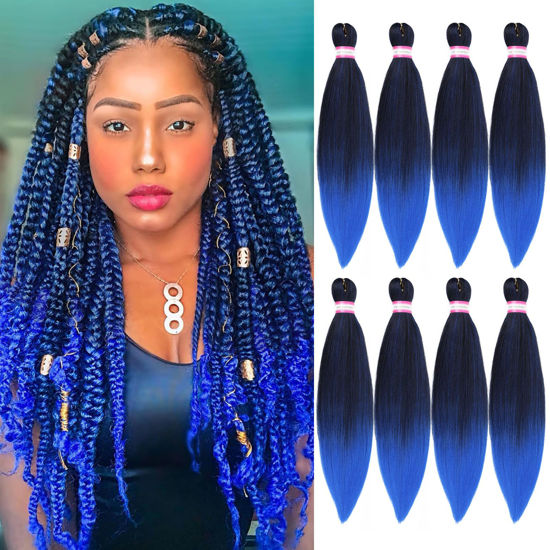 Picture of Dorsanee Ombre Blue Braiding Hair Pre Stretched 20 Inch 8 Packs Braiding Hair Extensions for Crochet Box Braids Twists Locs Hair Itch Free Soft Yaki Texture Hot Water Setting (20inch,#1B/Blue)