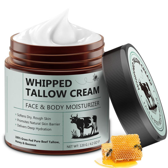 Picture of Beef Tallow for Skin, Tallow and Honey Balm (4.2 Oz), Tallow Face Moisturizer, Organic Grass Fed Whipped Beef Tallow with Honey Beeswax, Deeply Moisturizing for Face & Body, Unscented Fast Absorption