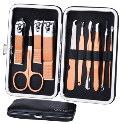 Picture of HANTEKAS Manicure Set 10 in 1 Stainless Steel, Nail Clippers Scissors Pedicure Tools Kit - Portable Travel Grooming Kit for Men and Women with Leather Case (Rose gold)