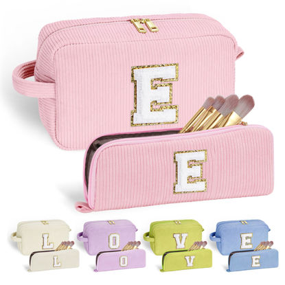 Picture of YOOLIFE Travel Cosmetic Bag Teen Girl Stuff - Letter Makeup Travel Bag Make Up Bag Makeup Brush Bag Makeup Bags for Women Corduroy Makeup Bag Toiletry Bag Daughter Girls Birthday Her Gifts Letter E