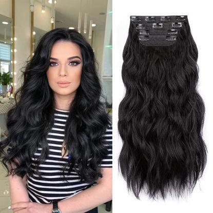Picture of Black Hair Extensions, 4Pcs Clip in Hair Extensions, 20 Inches Long Curly Hair Extensions Clip ins, Soft Synthetic Hair Extensions (Color: Black)