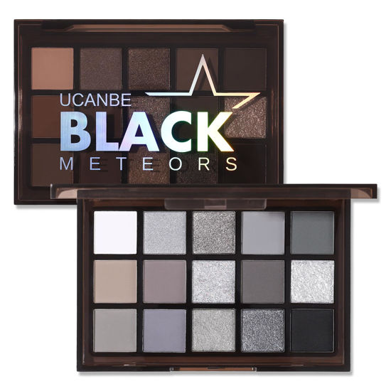 Picture of UCANBE Smokey Black Eyeshadow Palette, 15 Colors Dark Shimmer Matte Metallic Makeup Pallet, High Pigmented Gray Silver Sombras De Ojos Kit for Daily and Halloween