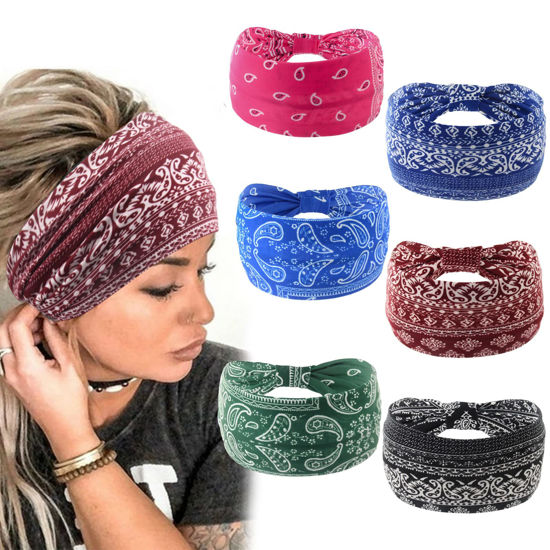 Picture of Yeshan Wide Bandana headbands for Women Boho Bandeau Headbands Knot Hair Scarf Bands Stretch Floral Printed Non Slip Headbands Elastic Turban Head Wraps Thick African Headbands,Pack of 6