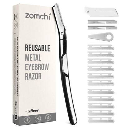 Picture of ZOMCHI Eyebrow Razor and Face Razor for Women and Men, Reusable Metal Handle with 11 Refill Blades, Dermaplane Razor with Protective Silicone Cap, Eyebrow Hair Trimmer - Polished Silver
