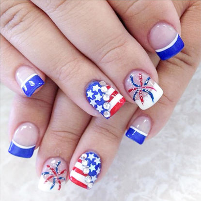Picture of Sutaozhi 4th of July Press on Nails Short Square French Tip Fake Nails with Glitter Stars Rhinestones Fireworks Design Acrylic Glue on Nails Patriotic False Nails for Independence Day Nails Kit 24Pcs