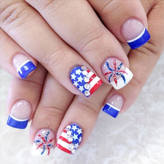 Picture of Sutaozhi 4th of July Press on Nails Short Square French Tip Fake Nails with Glitter Stars Rhinestones Fireworks Design Acrylic Glue on Nails Patriotic False Nails for Independence Day Nails Kit 24Pcs