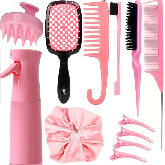 Picture of 12 Pcs Hair Brush Set, 3 Pieces Slick Back Hair Brushes for Toddlers, Women, Detangling Brush for Wet Dry Curly Hair, Edge Bristles Wide Tooth Rat Tail Combs for Baby Girls (pink)