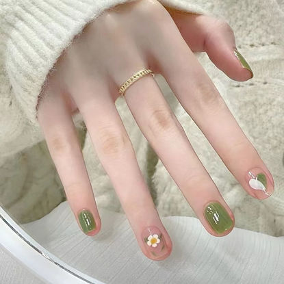 Picture of 24Pcs Press on Nails Cute French Fresh Green Flower Glossy Short Length Coffin Fake Nails Coffin Ballerina Full Cover Fake Nail Acrylic False Nails for Women
