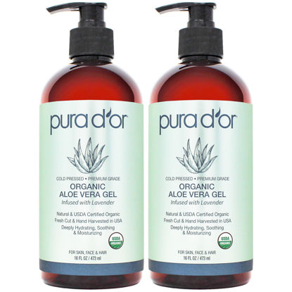 Picture of PURA D'OR ORGANIC Aloe Vera Gel Lavender (16 Oz X 2) All Natural - ZERO Artificial Preservatives - Deeply Hydrating & Moisturizing - Sunburn, Bug Bites, Rashes, Small Cuts, Eczema Relief - Skin & Hair