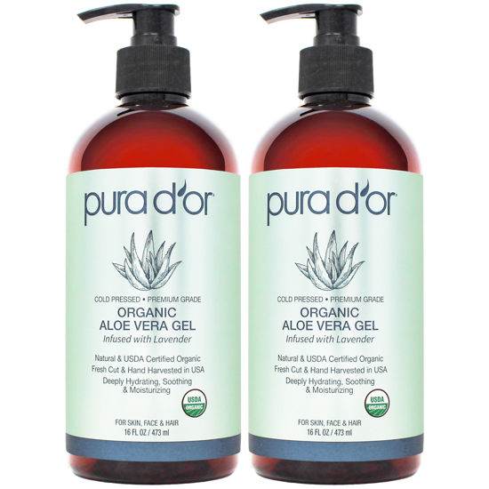 Picture of PURA D'OR ORGANIC Aloe Vera Gel Lavender (16 Oz X 2) All Natural - ZERO Artificial Preservatives - Deeply Hydrating & Moisturizing - Sunburn, Bug Bites, Rashes, Small Cuts, Eczema Relief - Skin & Hair