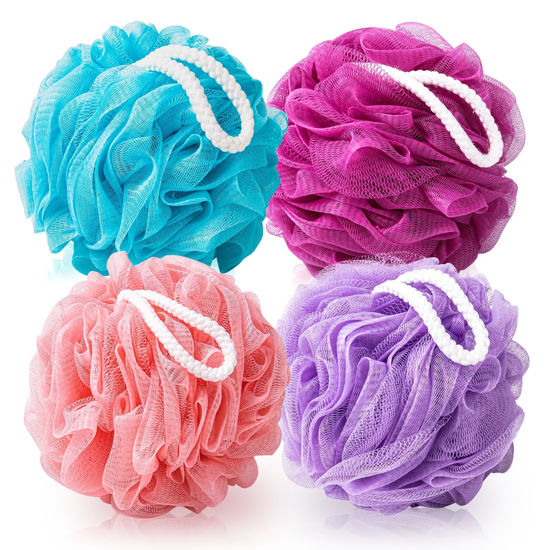 Picture of MTDLYICE Loofah Sponge 75g 4 Pack, Bath Sponge Soft Mesh Shower Puff Loofah for Women, Exfoliating Body Scrubber, lufas for Women, Shower Accessories (Purple Red Pink Blue)