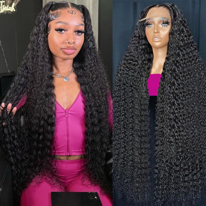 Picture of KVFCT 30 Inch Deep Wave Lace Front Wigs Human Hair 13x6 HD Transparent Human Hair Lace Front Wigs for Women 200% Density Deep Curly Human Hair Wigs Pre Plcked Deep Wave Frontal Wigs with Baby Hair