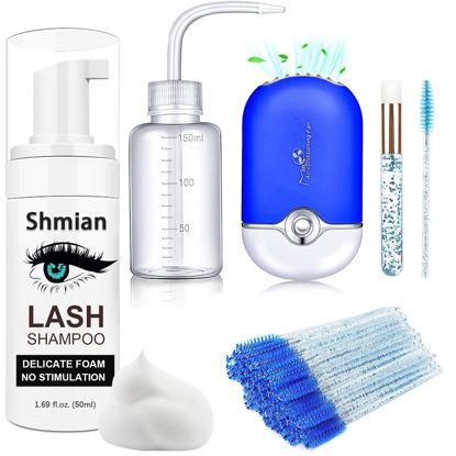 Picture of Shmian Lash Shampoo for Lash Extensions, Lash Fan 50ml Eyelash Foam cleanser with 50 Pcs Eyelash Brush and Rinse Bottle Oil Free/Sulfate Free Eyelash Wash Remover For Eyelash Extension Makeup, Blue