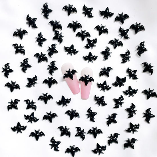 Picture of 100Pcs Black Halloween Miniature Bats Nail Art Charm Cartoon 3D Tiny Resin Bats Nail Art Rhinestones Flat Back Cute Small Nail Jewelry Charms Mini Bats Nail Rhinestone Diamonds for Nails Crafts Decor