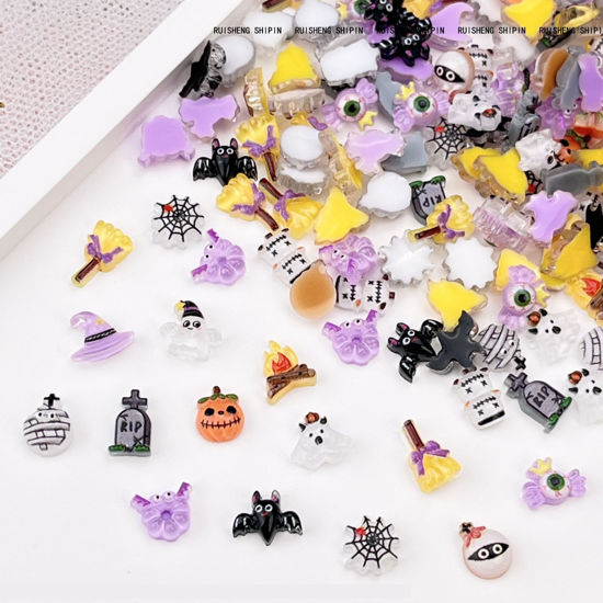 Picture of 100Pcs Halloween Nail Art Charms Multi Shapes Colors 3D Pumpkin Torch Broom Nail Charms Cute Cartoon Bandage Web Ghost Tombstone Hat Nail Art Rhinestones Mini Flatback Nail Supplies for DIY Nails Art