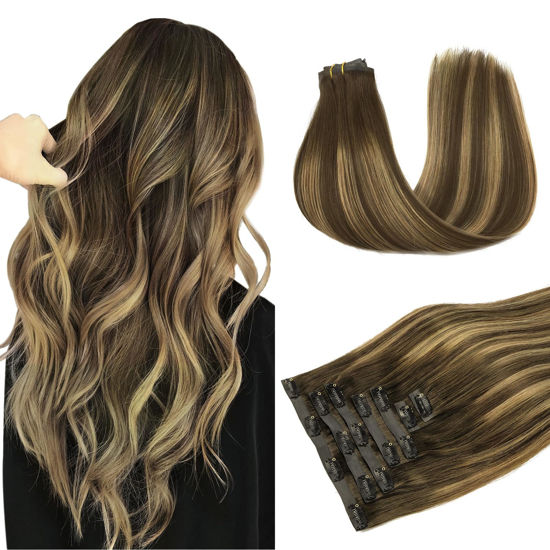 Picture of DOORES Hair Extensions Real Human Hair, Chocolate Brown to Caramel Blonde 7pcs 14 Inch 110g, Seamless Clip in Hair Extensions Human Hair Extensions Invisi Edge Hair Extensions Straight Hair