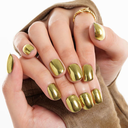Picture of GLAMERMAID Press on Nails Extra Short Squoval, Winter Handmade Golden Chrome Gel Glue on Nails, 24Pcs Glossy Round Reusable UV Finish Fake Nails Acrylic False Nails Manicure Kits for Women