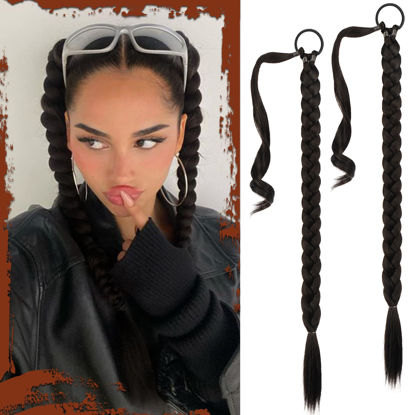 Picture of Sofeiyan Long Braid Ponytail Extension with Hair Tie Straight Sleek Wrap Around Hair Extensions Braid Pony Tail Fluffy Natural Soft Synthetic Hairpieces for Women Daily Wear, 2Pcs 30 inch-Black Brown