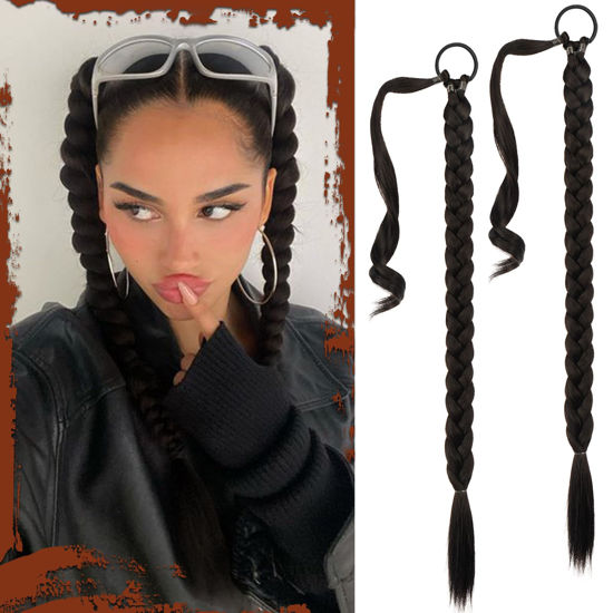 Picture of Sofeiyan Long Braid Ponytail Extension with Hair Tie Straight Sleek Wrap Around Hair Extensions Braid Pony Tail Fluffy Natural Soft Synthetic Hairpieces for Women Daily Wear, 2Pcs 30 inch-Black Brown