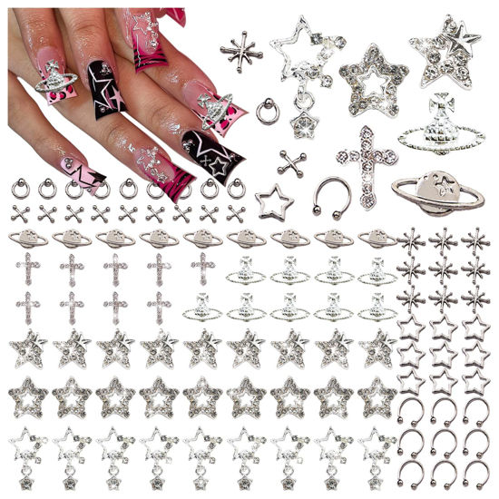 Picture of BBATT-HAPPY 110PCS Star Nail Charms for Acrylic Nails,Silver Star Planet Cross Alloy Nail Art Decoration, Nail Stones Nail Jewels Accessories for Nail Art Supplies Manicure Craft DIY