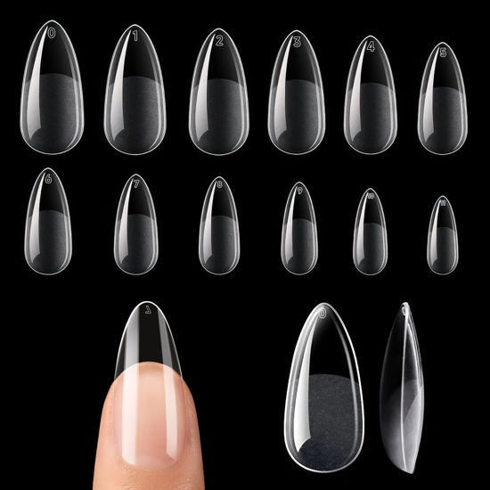 Picture of UNA GELLA Medium Almond Nail Tips, 12 Sizes Gel x Nail Tips Almond Shape, 120Pcs Pre-file Soft Gel Nail Tips Clear Acrylic Fake Nails Full Cover Nail Tips for Nail Extension DIY Salon Long Lasting