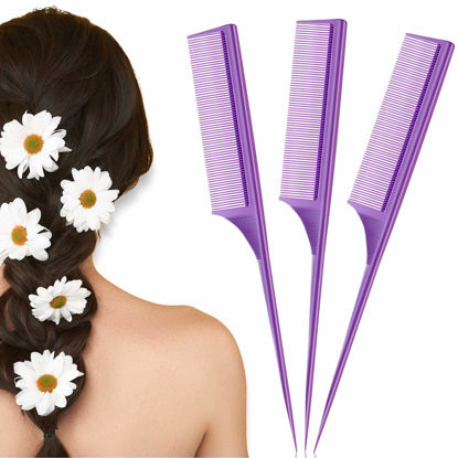 Picture of 3 Pack Tail Comb Carbon Fiber Rat Tail Styling Comb Heat Resistant Anti Static Teasing Comb for Back Combing Root Teasing Adding Volume Evening Styling (Purple)