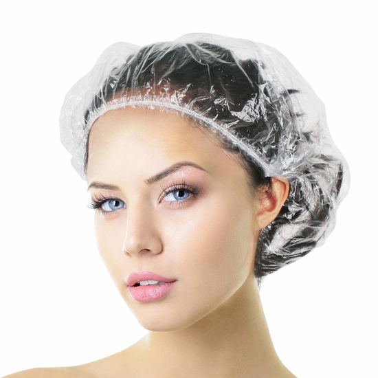Picture of Aquior Shower Cap Disposable, 50 PCS Bath Caps Larger Thick Clear Waterproof Plastic Elastic Hair Bath Caps for Women, Hotel Travel Essentials Accessories Deep Conditioning Hair Care Cleaning Supplies