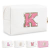 Picture of Small Initial Patch Makeup Bag Personalized Gifts Make Up Bag,White Cute PU Leather Glitter Letter Cosmetic Bag with Zipper,Trendy Portable Travel Toiletry Pouch,Preppy Stuff for Teen Girls Women K