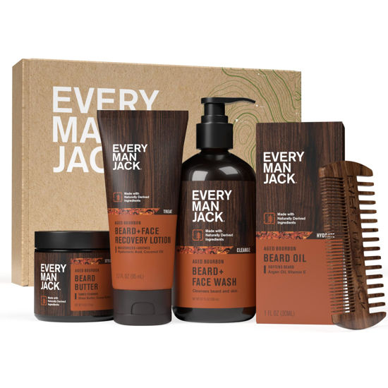 Picture of Every Man Jack Mens Aged Bourbon Beard Set - Five Full-Sized Grooming Essentials For a Complete Routine - Beard + Face Wash, Beard + Face Lotion, Hydrating Beard Oil, Beard Butter, and Beard Comb