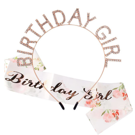 Picture of AOPRIE Birthday Crown for Women with Flower Sash Rose Gold Birthday Tiara for Women Birthday Girl Headband Princess Crown Rhinestone Happy Birthday Accessories